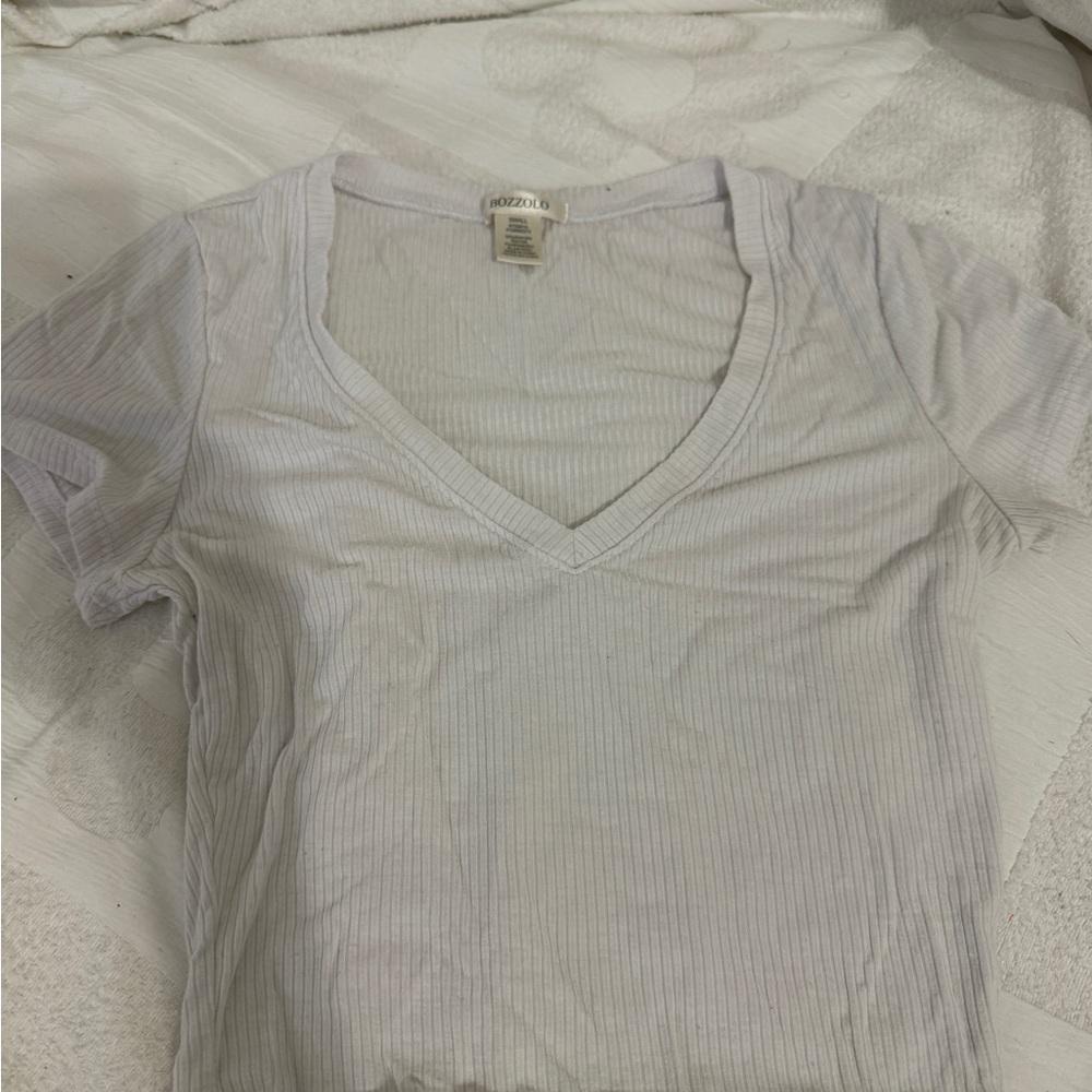 Bozzolo White Ribbed V-Neck Short Sleeve Tee